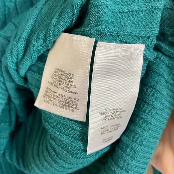 Evan Picone | Teal Blue Turtleneck Sweater Cable Knit Rayon Nylon Womens Large - Picture 4 of 5